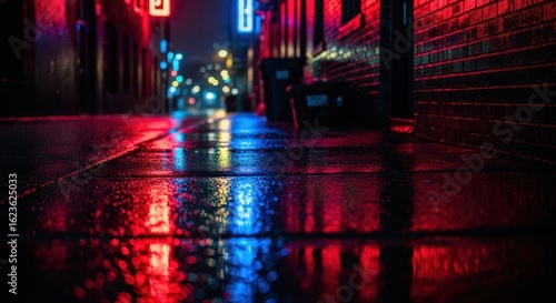 Night alleyway reflections. Wet pavement reflects vibrant neon lights