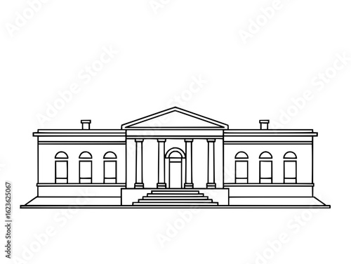 Illustration of a neoclassical building with columns and steps in a line art style design format