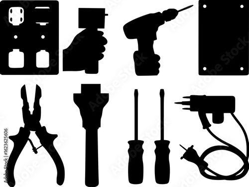 "A collection of black and white flat icons illustrating electrical repair and installation work. Features hand tools like pliers, screwdrivers, drills, wire strippers, alongside wiring diagrams and s