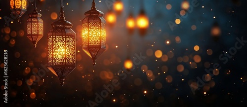 Decorative Lanterns Illuminate a Mystical Atmosphere During an Evening Gather...