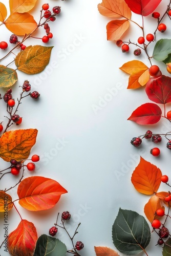 Colorful Autumn Leaves and Berries Create a Vibrant Border With Empty Space f...