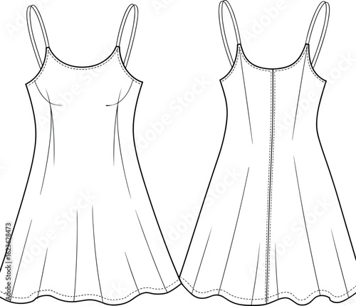 CAD Drawing Flat Vector Illustration of Dress Garment Front and Back View, Fashion Design Template, Sewing Pattern Artwork