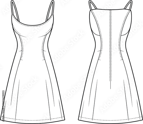 CAD Drawing Flat Vector Illustration of Dress Garment Front and Back View, Fashion Design Template, Sewing Pattern Artwork