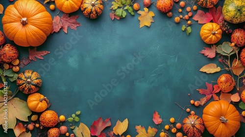 Vibrant Autumn Display With Pumpkins, Leaves, and Berries on a Teal Backgroun...