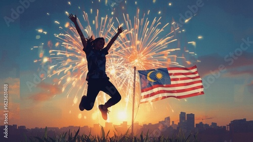 Young girl jumping joyfully in front of Malaysian flag with fireworks  