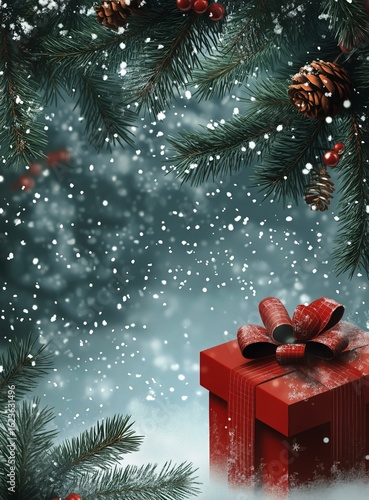 Winter Wonderland With Christmas Gift Among Snowflakes and Pine Branches