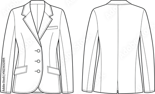 CAD drawing flat vector illustration of women’s blazer jacket, front and back view, garments dress, garments cloth, fashion design