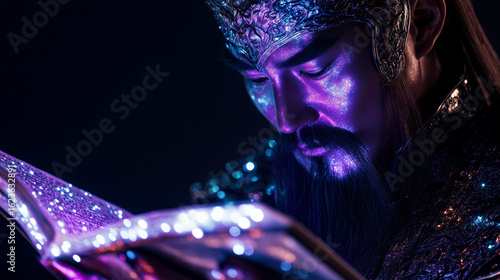 neon glow closeup of a Three Kingdoms strategist holding ancient scrolls