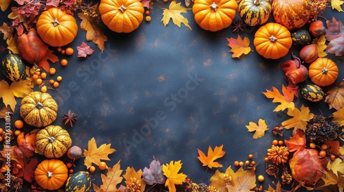 Autumn Decoration With Various Pumpkins and Colorful Leaves on Dark Background