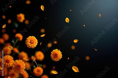 Dia de los Muertos Editorial Floating Marigold Blooms Over Deep Space Gradient