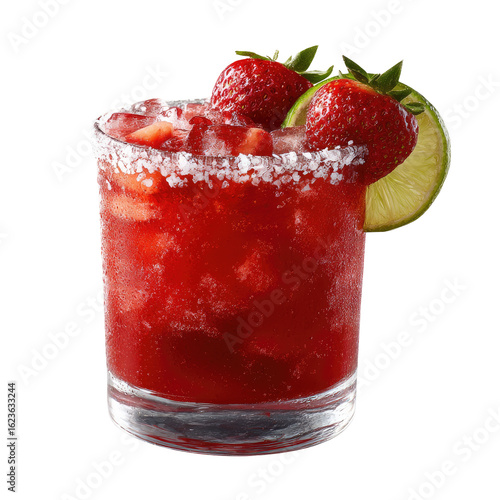 Red cocktail with fresh strawberries and lime