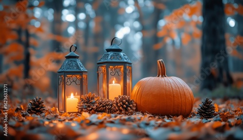 Rustic Autumn Decor With Pumpkins, Lanterns, and Pine Cones in a Tranquil For...