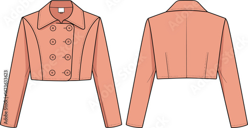 CAD drawing flat vector illustration of women’s cropped double-breasted jacket, front and back view, garments dress, garments cloth, fashion design