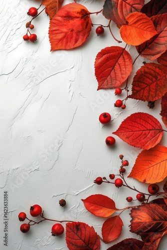 Beautiful Autumn Leaves and Berries Arranged Artistically on a Textured Backg...