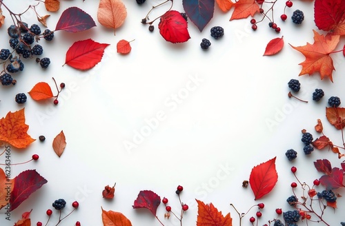 Colorful Autumn Leaves and Berries Arranged Artistically on a White Backgroun...