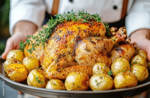Perfectly Roasted Chicken Served With Golden Potatoes and Fresh Herbs for a D...
