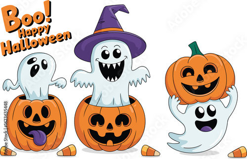 Halloween Cartoon Ghosts with Jack-o’-Lanterns and Candy Corn, Funny Spooky Scene, “Boo! Happy Halloween” Clipart, Whimsical October Illustration, Ghost Costume Party Art
