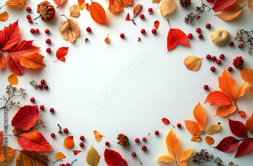 Colorful Autumn Leaves and Berries Arranged Artistically on a Light Backgroun...