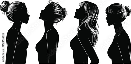 Profile silhouettes of women with unique hairstyles, elegant black and white illustration, minimal female portraits, graphic hair design, diversity in feminine styling