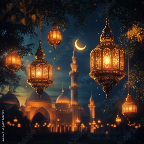 Majestic Lantern Shines Against Crescent Moonlit Skyline at Dusk.