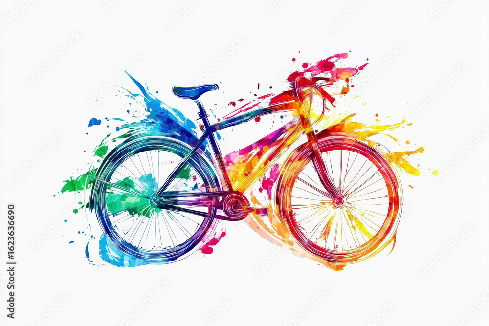 Fototapeta premium Colorful Abstract Bicycle Illustration with Watercolor Splash Effects.