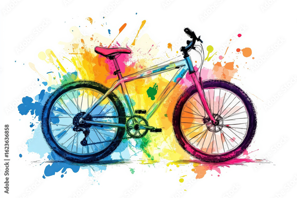 Fototapeta premium Colorful Abstract Bicycle Illustration with Watercolor Splash Effects.