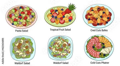 A collection of six plates each containing different types of salads and cold cut platters viewed from above