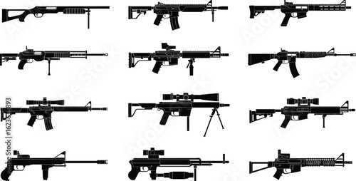 Set of Firearm Silhouettes in Grid Layout, Military Weapons Collection, Tactical Gun Designs, Rifle and Sniper Shapes, Vector Illustration for Identification, War Armory Display