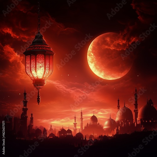 Majestic Lantern Illuminates a City Skyline Under a Crescent Moon at Dusk