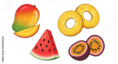 Assortment of tropical fruits including mango slices pineapple rings watermelon and passion fruit halves shown