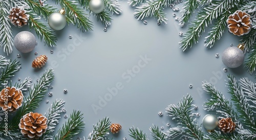 Winter Holiday Decoration With Pine Branches and Ornaments on a Soft Blue Bac...