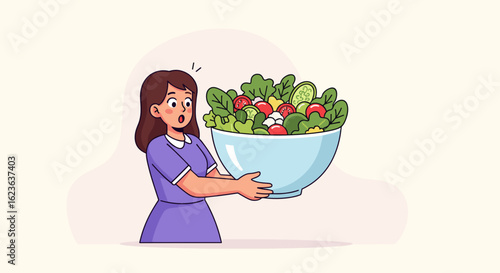 Woman holding an oversized bowl of salad with lettuce tomatoes cucumbers and white round ingredients