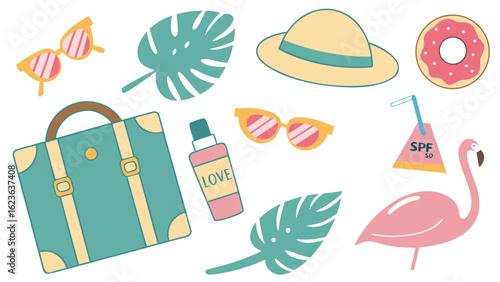 Summer vacation travel essentials with flamingo sunglasses and sun protection hat