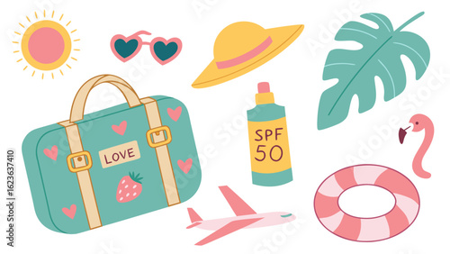 Summer vacation travel suitcase sunglasses sun hat spf flamingo airplane leaf
