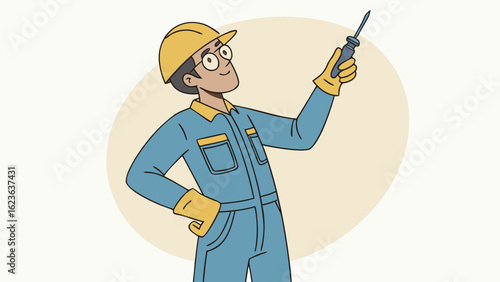 Cartoon worker handyman repairman with screwdriver construction maintenance job