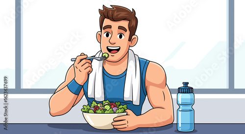 Man eating a salad with a fork after a workout while wearing a towel and a water bottle nearby on a table