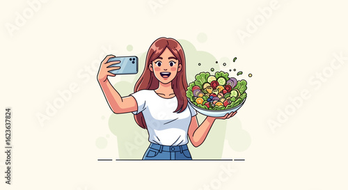 Illustration of a woman taking a selfie with a salad bowl, showcasing healthy eating and lifestyle content