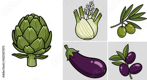 Illustration of artichoke fennel eggplant and olives on branches against a gray background shade art