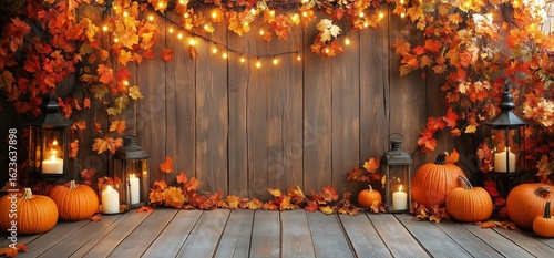 Fall Decorations With Pumpkins and Lanterns on Wooden Floor Under Warm String...