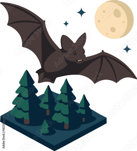 Isometric vector bat flying above forest at night, wings spread wide, vector-friendly, isolated on white