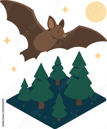 Isometric vector bat flying above forest at night, wings spread wide, vector-friendly, isolated on white