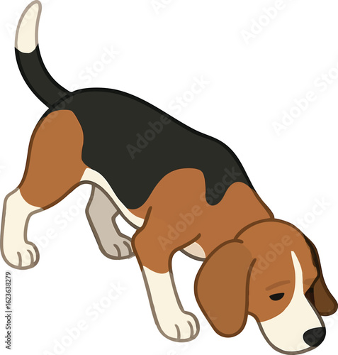 Isometric vector beagle sniffing ground with floppy ears, tracking posture, vector-friendly, isolated on white