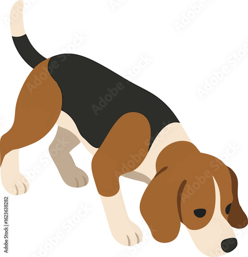 Isometric vector beagle sniffing ground with floppy ears, tracking posture, vector-friendly, isolated on white
