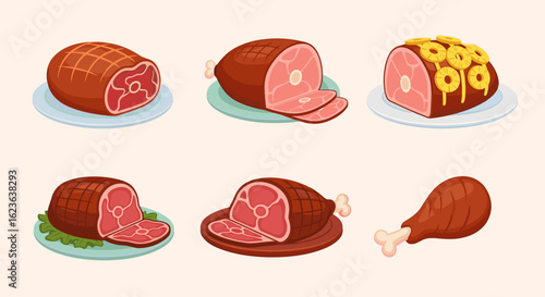 Illustration of six ham pieces with different toppings and presentations on plates and bone end 100