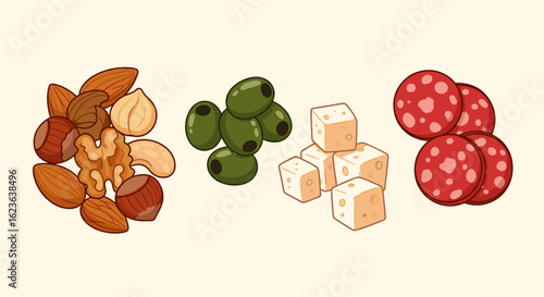 Illustration of a snack platter with nuts, olives, cheese cubes and salami slices on a light background
