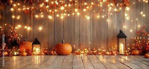 Autumn Decor With Pumpkins and Lanterns Adorned by Fairy Lights in a Cozy Set...