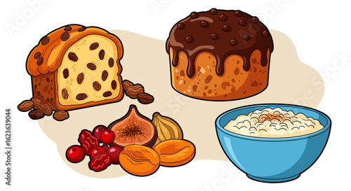 Illustration of cakes with chocolate and raisins, dried fruits and a bowl of porridge on a light background
