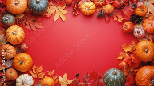 Vibrant Autumn Display With Pumpkins and Colorful Leaves on a Red Background.
