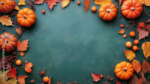 Vibrant Autumn Arrangement of Pumpkins and Leaves on a Dark Green Background.