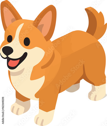 Isometric vector corgi with short legs and perky ears, happy expression, tail up, vector-friendly, isolated on white